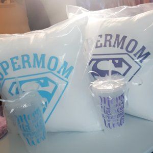 Customized Supermom pillow with matching cup set